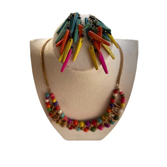 Ethnic Multicolor Boho Cord Necklace Colorful Beads Round Natural Stones 22” - Picture 4 of 16